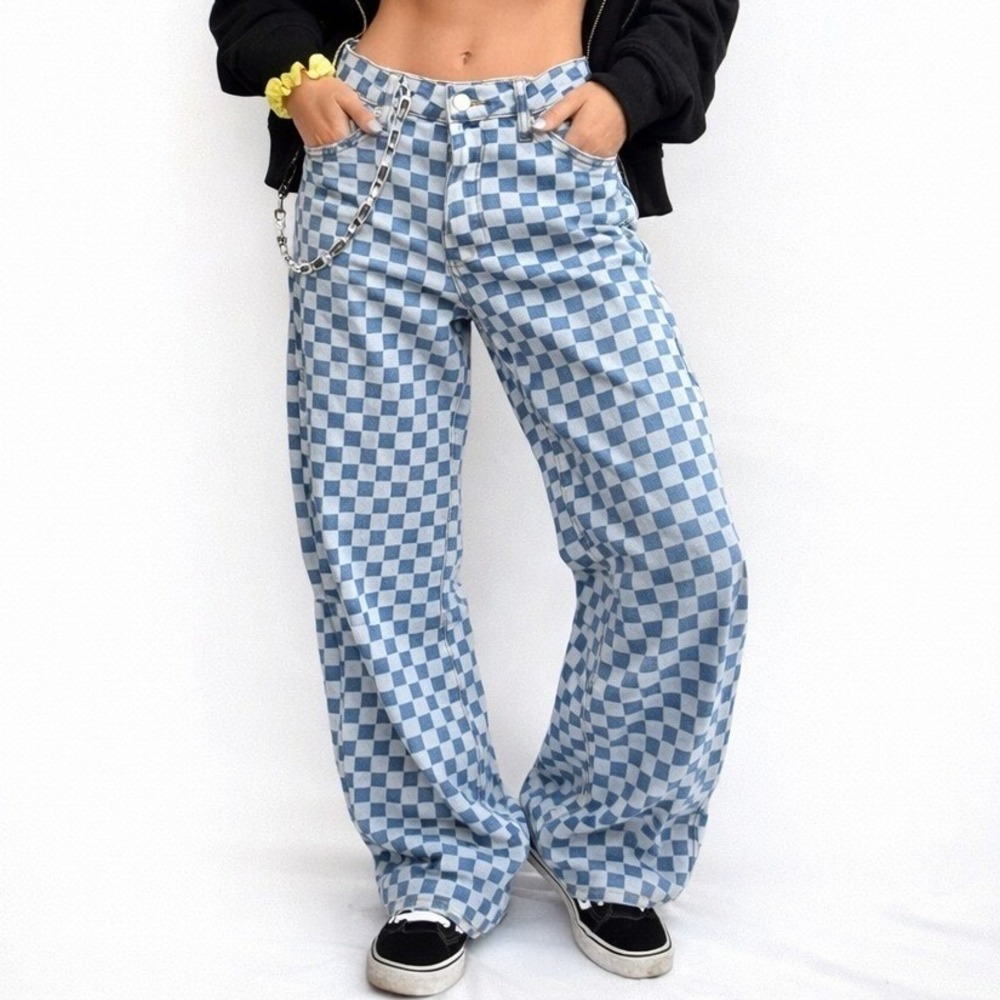 Tiger Mist Checkerboard Jeans Blue White Wide Leg Y2K Indie‎ Skater S 27X32